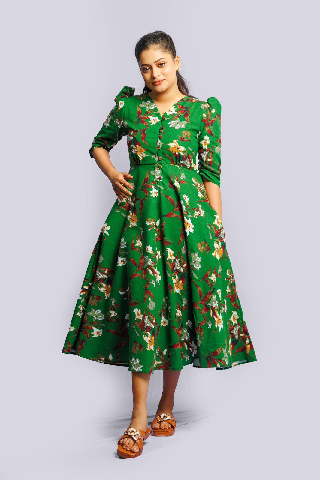 Empire Waist Floral Green Dress