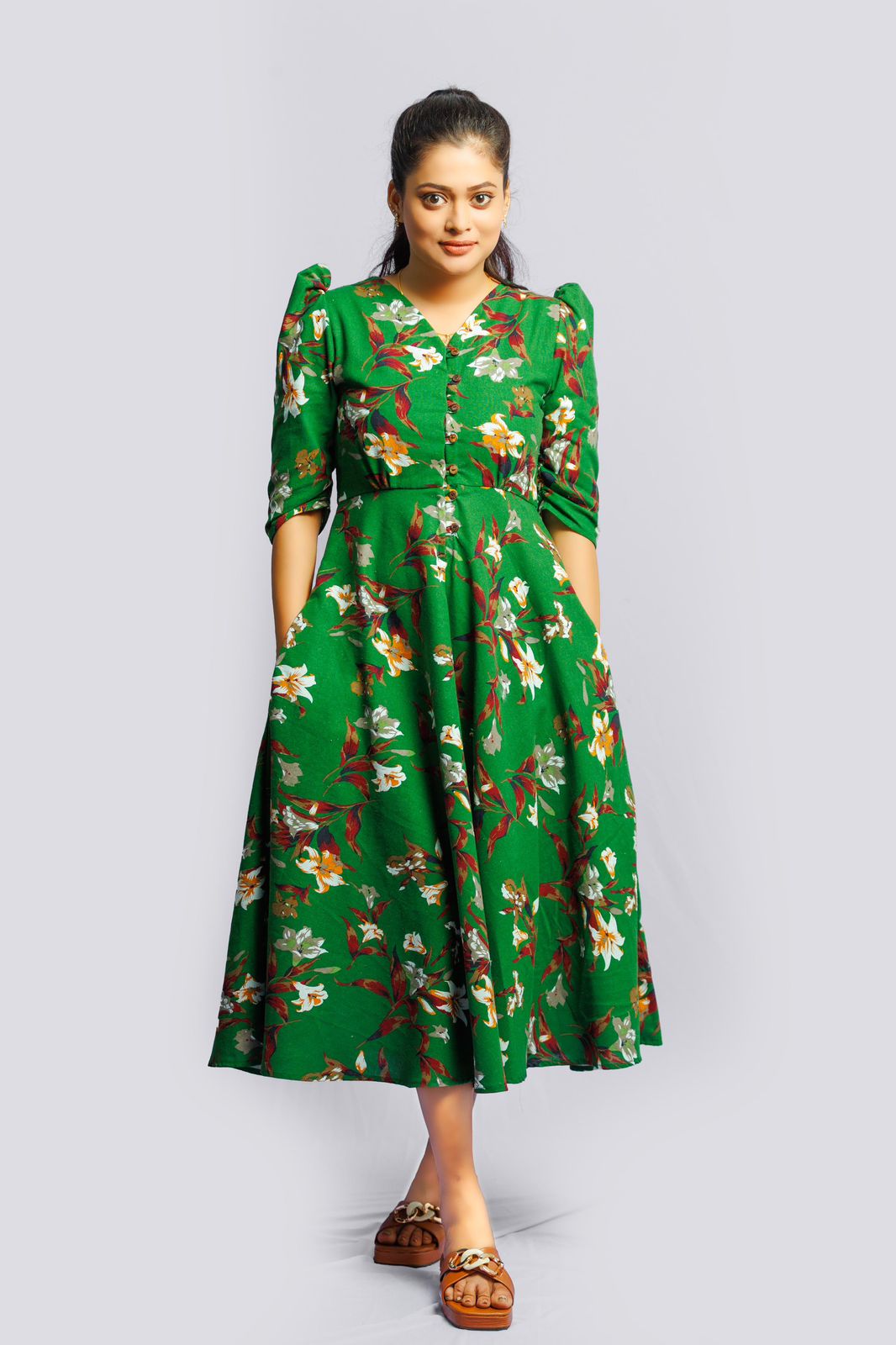 Empire Waist Floral Green Dress