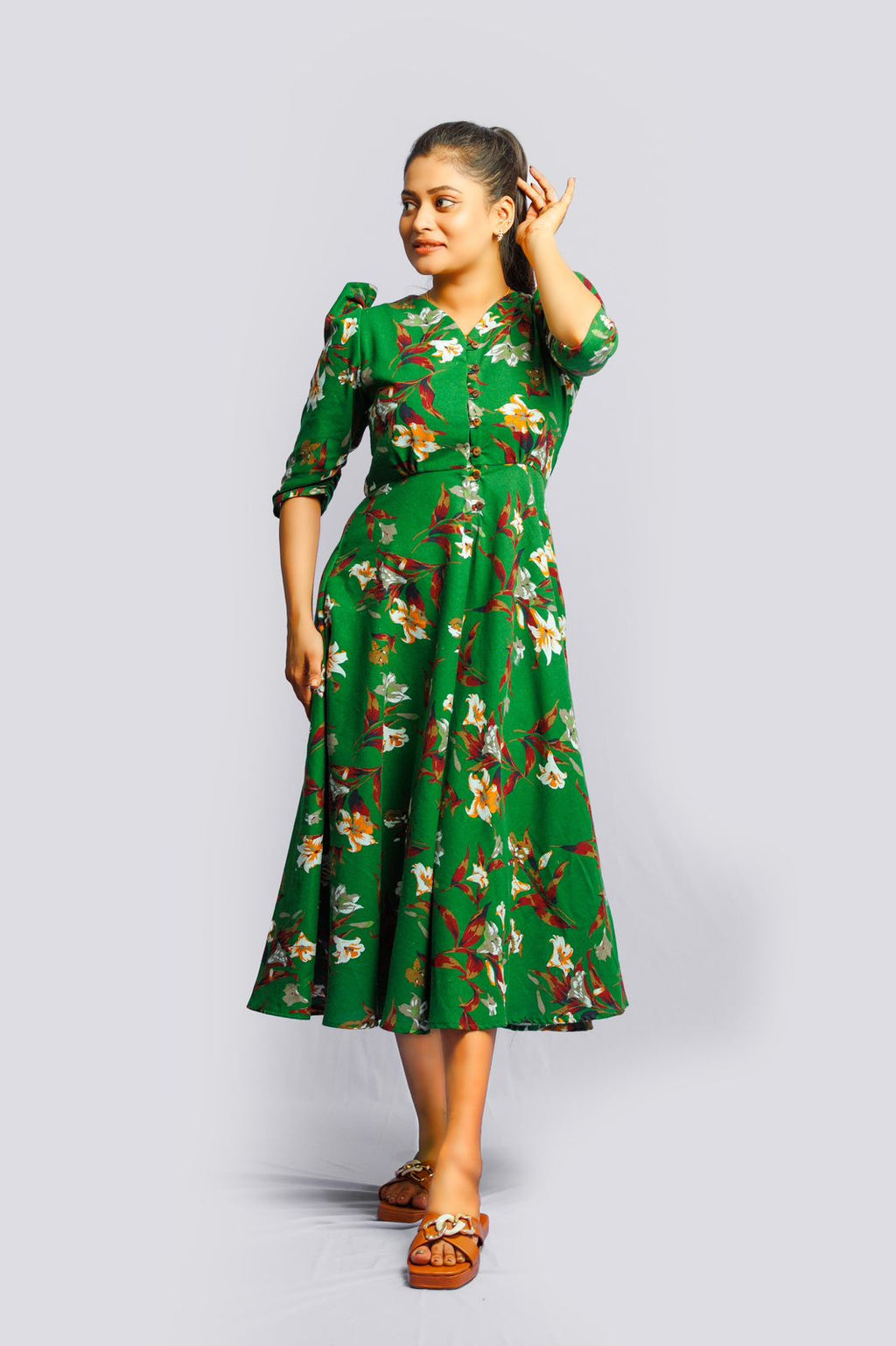 Empire Waist Floral Green Dress
